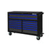 Black tool chest with blue drawers on a white background