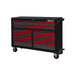 Black and red toolbox with multiple drawers on a white background