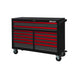 Black and red toolbox with multiple drawers on a white background
