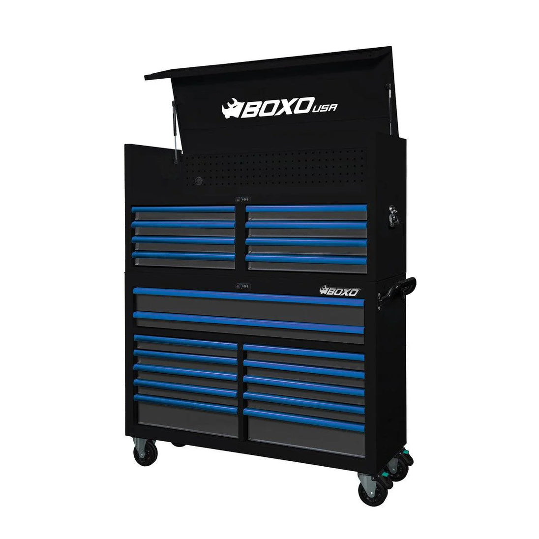 Black and blue tool chest with 'BOXO USA' branding on a white background