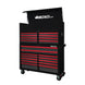 Black and red tool chest with multiple drawers on wheels, featuring the BOXO USA logo.