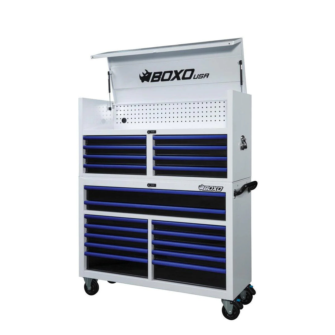 Tool chest with blue drawers and 'BOXO USA' branding on a white background