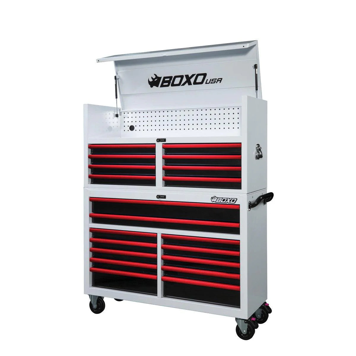 Tool chest with red drawers and 'BOXO USA' branding on a white background