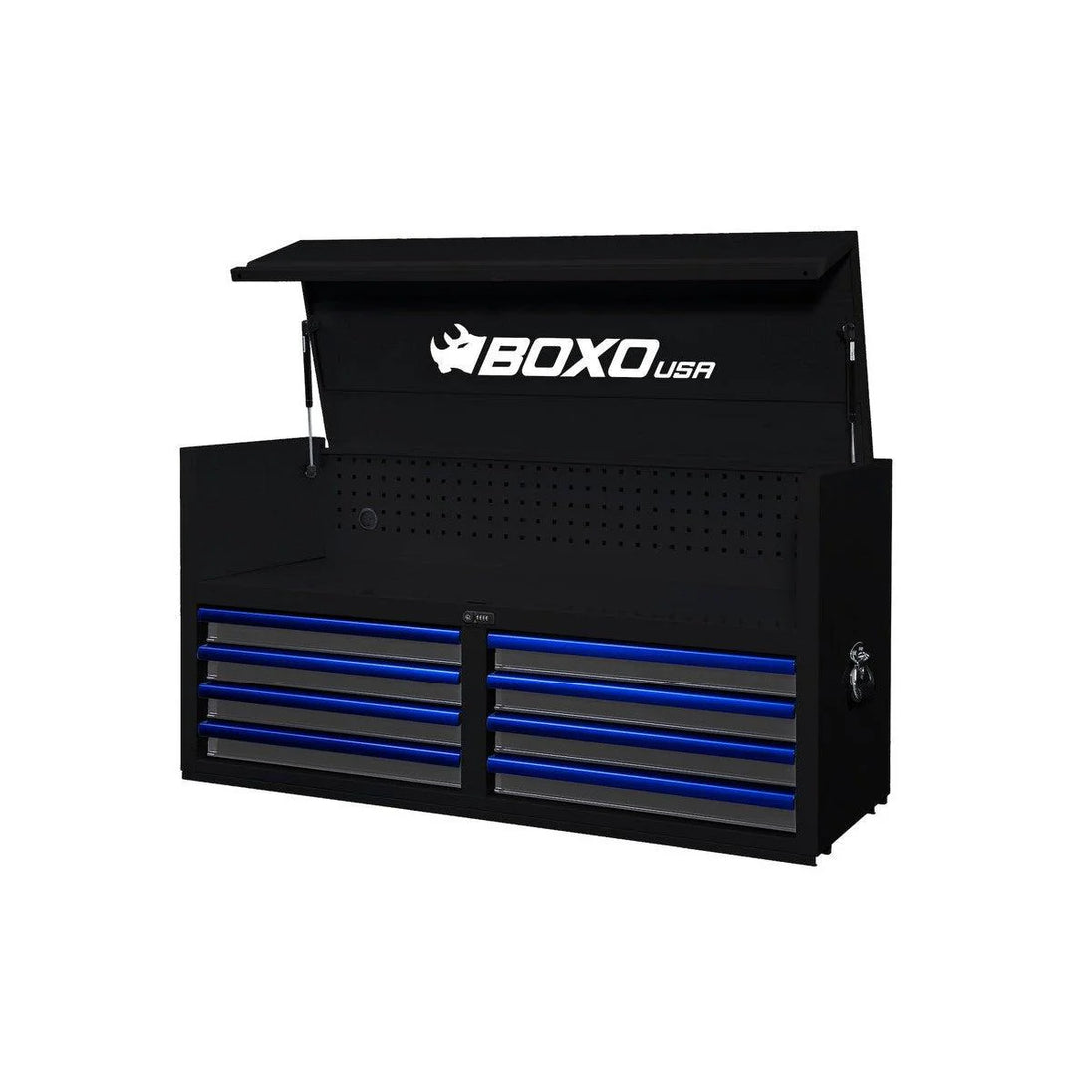 Black tool chest with blue drawers and BOXO USA logo on a white background