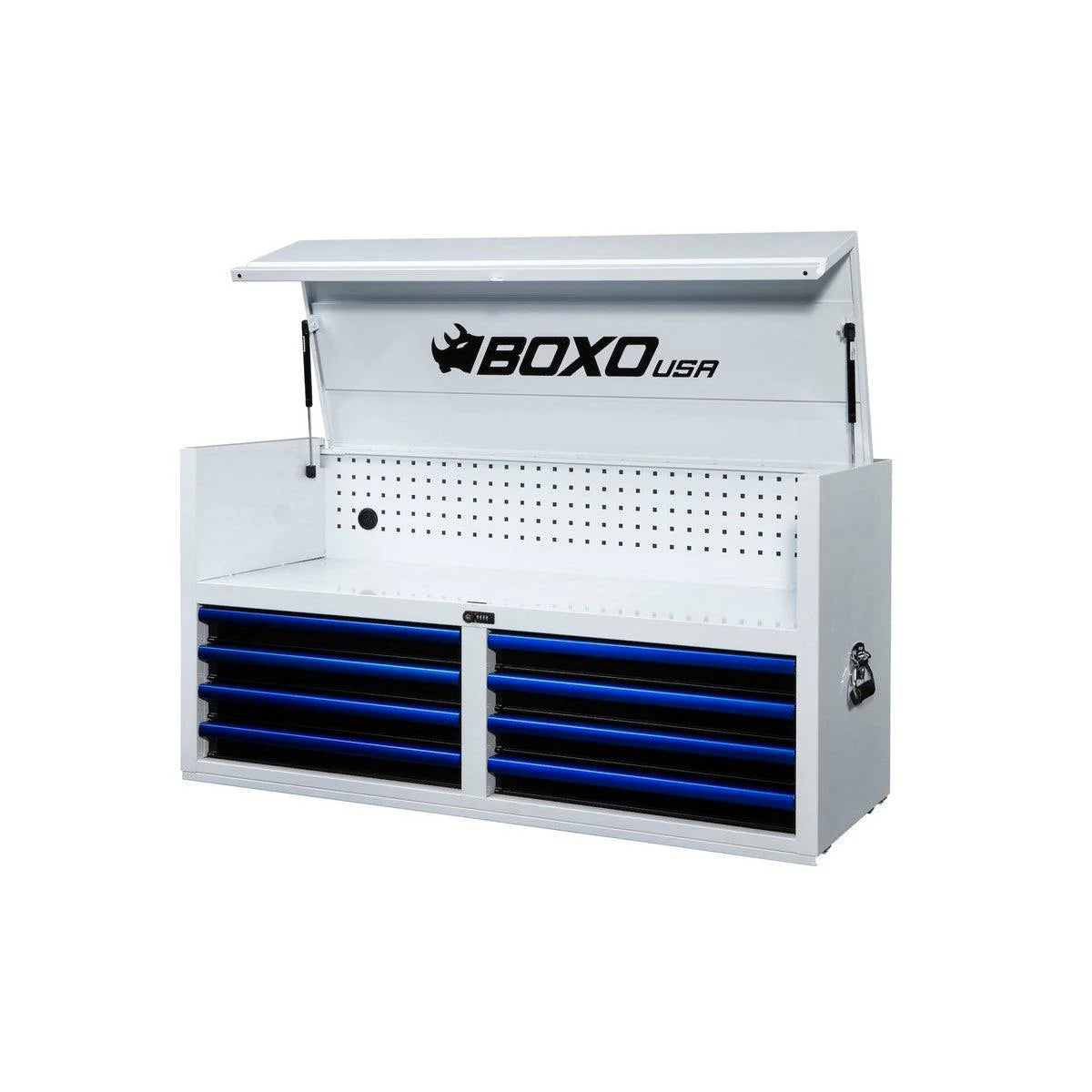 White tool chest with blue drawers and BOXO USA branding on a white background