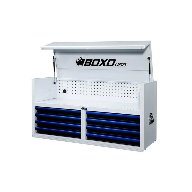 White tool chest with blue drawers and BOXO USA branding on a white background