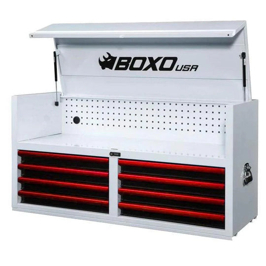 White tool chest with red drawers and BOXO USA branding on a white background