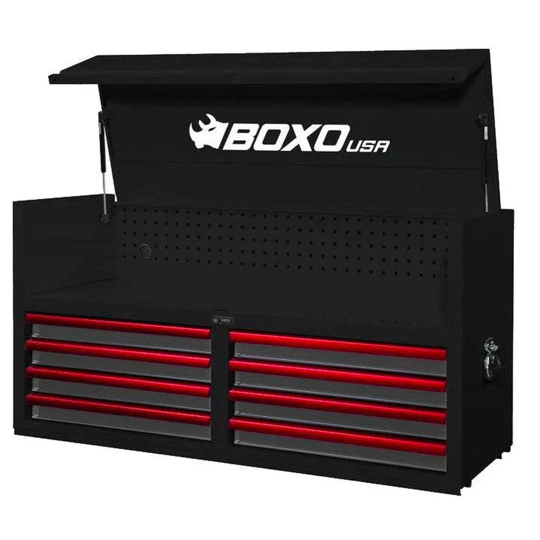 Black tool chest with red drawers and 'BOXO USA' branding on a white background