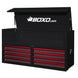 Black tool chest with red drawers and 'BOXO USA' branding on a white background