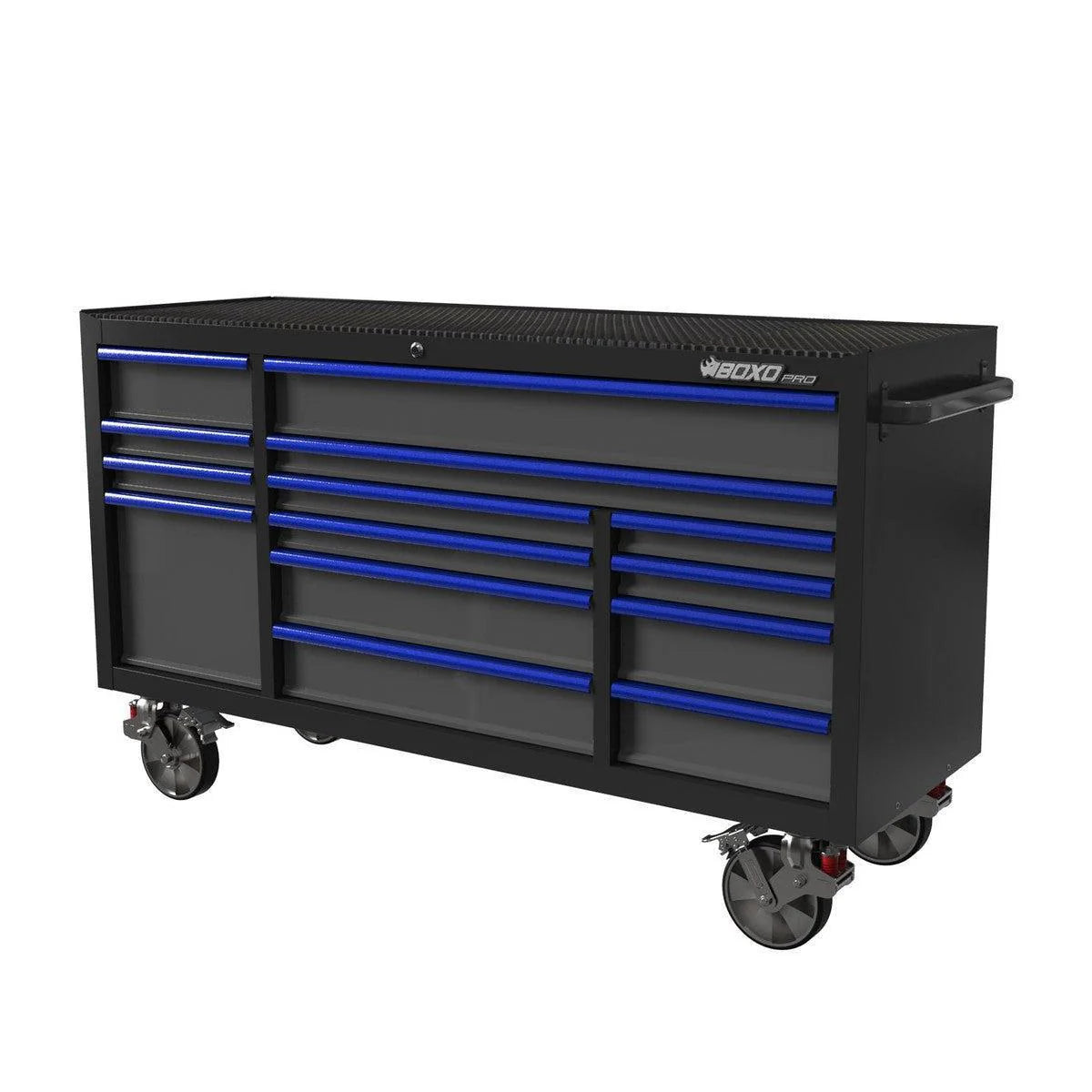 Black toolbox with blue drawers on a white background