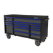 Black toolbox with blue drawers on a white background