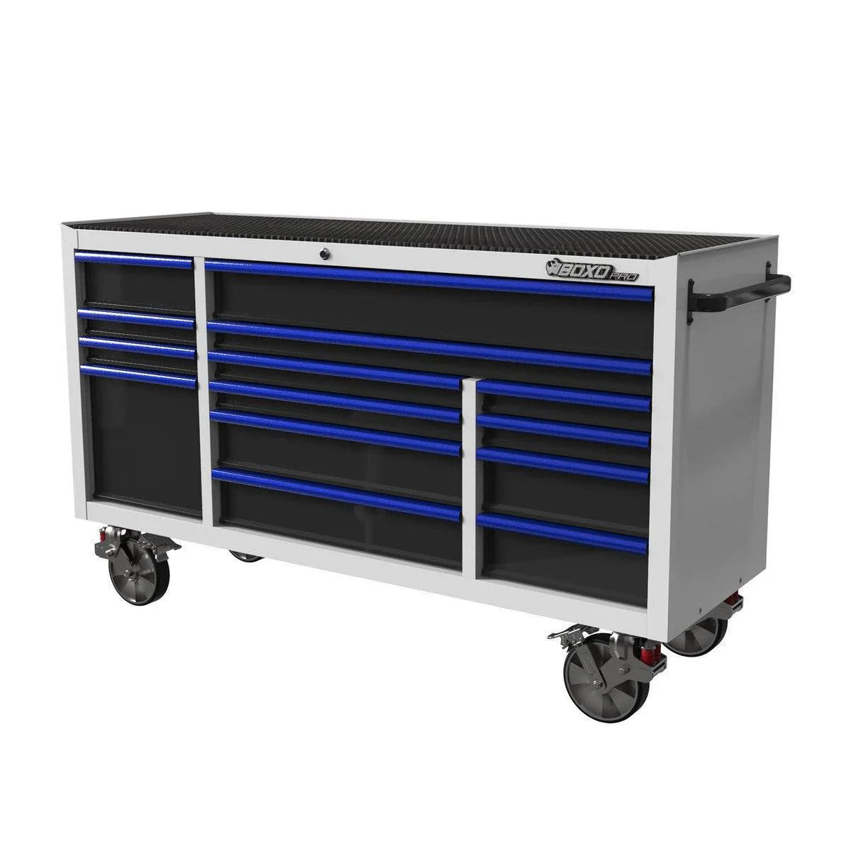 Tool chest with multiple drawers on wheels against a white background