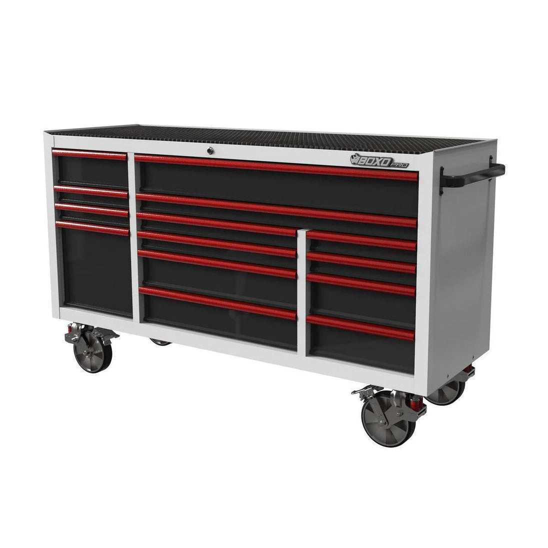 Tool chest with multiple drawers on wheels against a white background