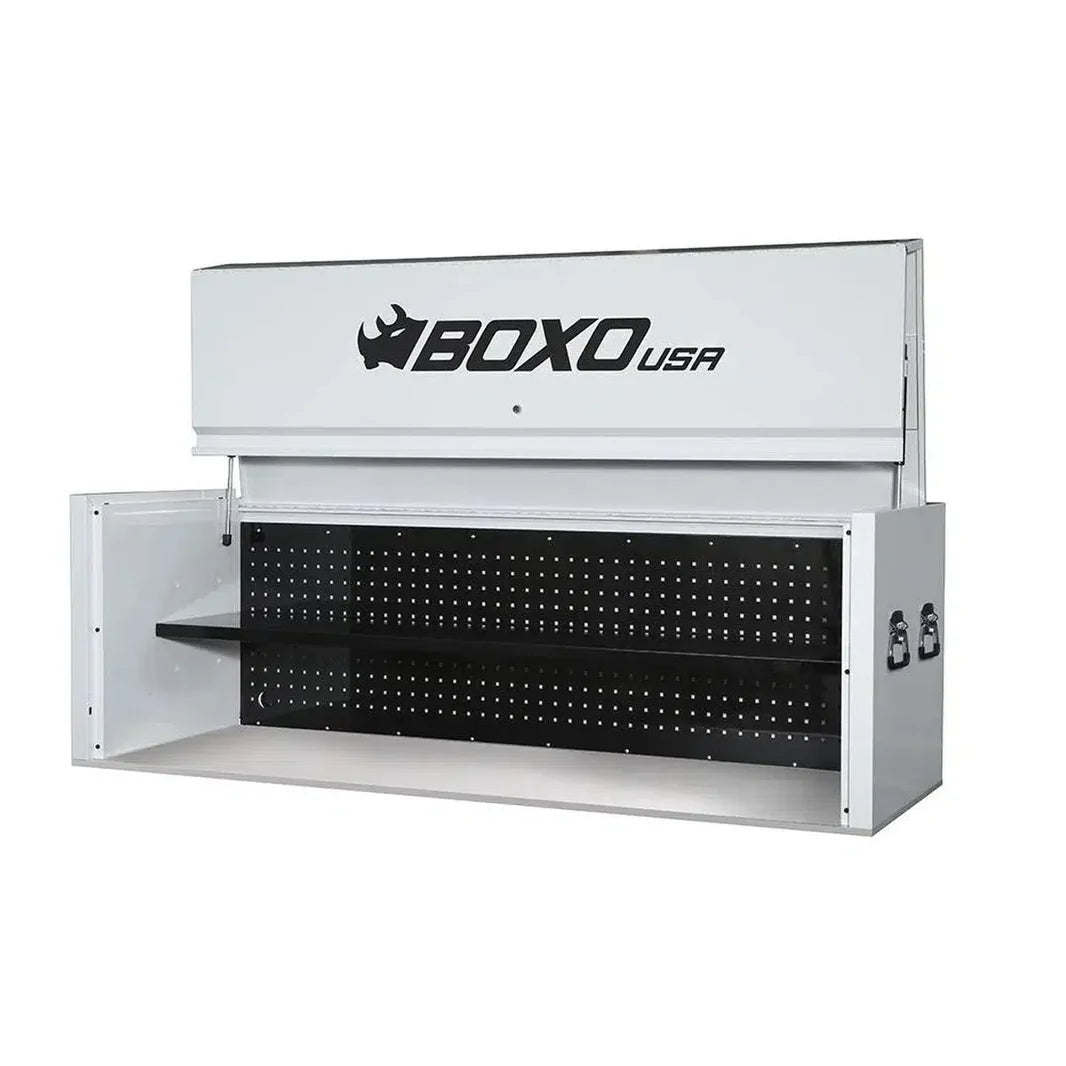 White storage cabinet with black pegboard and 'BOXO USA' logo on a white background