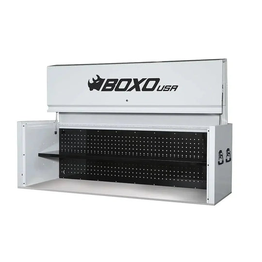 White storage cabinet with black pegboard and 'BOXO USA' logo on a white background