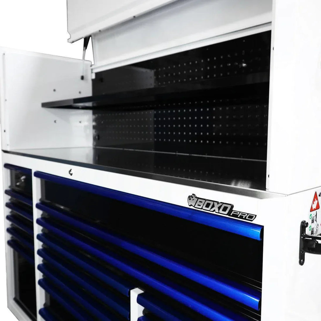 Tool chest with blue drawers and open top shelf, featuring the 'Boxo Pro' brand.