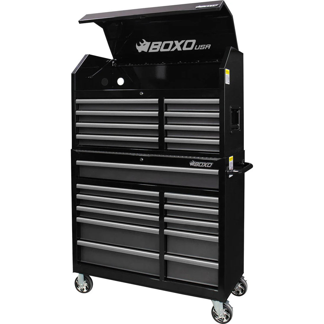 Black tool chest with multiple drawers and 'BOXO USA' branding on a white background