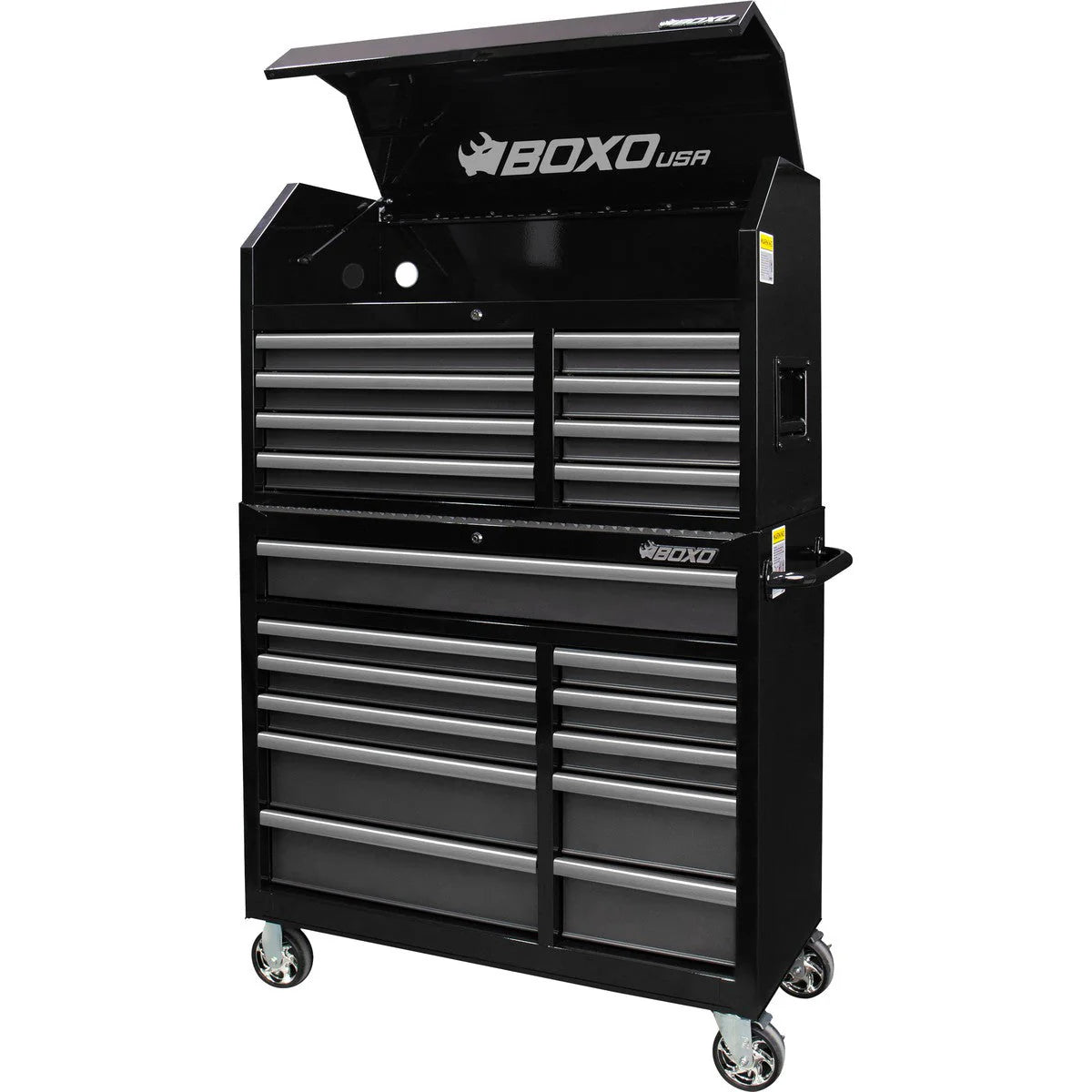 Black tool chest with multiple drawers and 'BOXO USA' branding on a white background