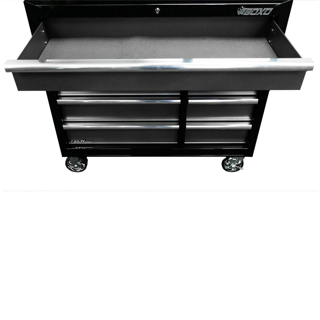 Black tool chest with multiple drawers on a white background