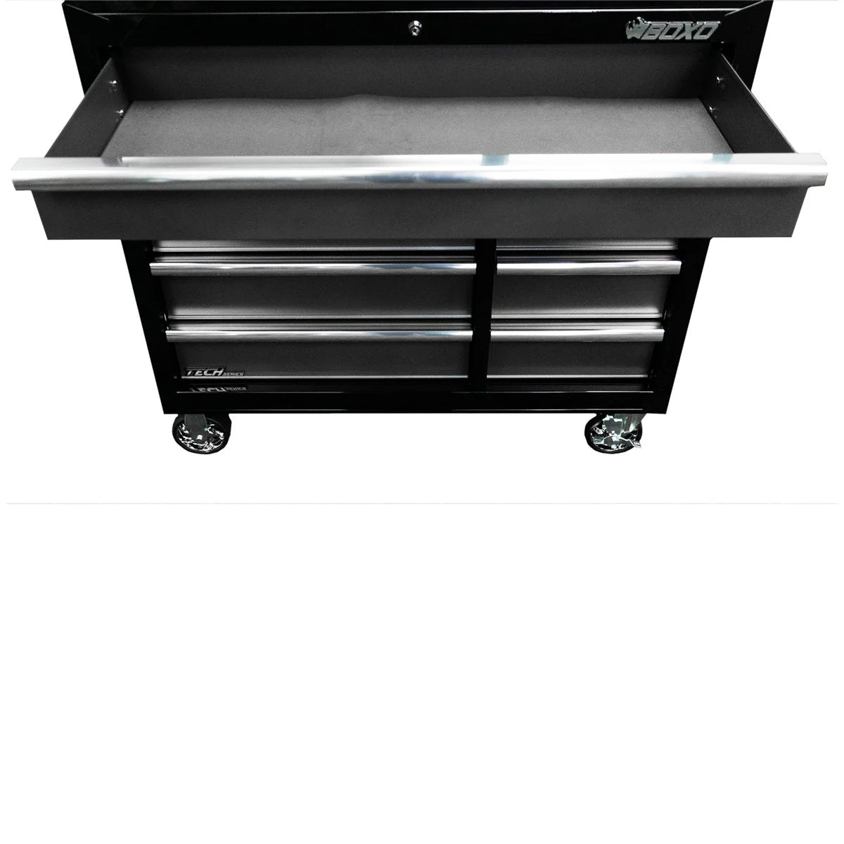 Black tool chest with multiple drawers on a white background