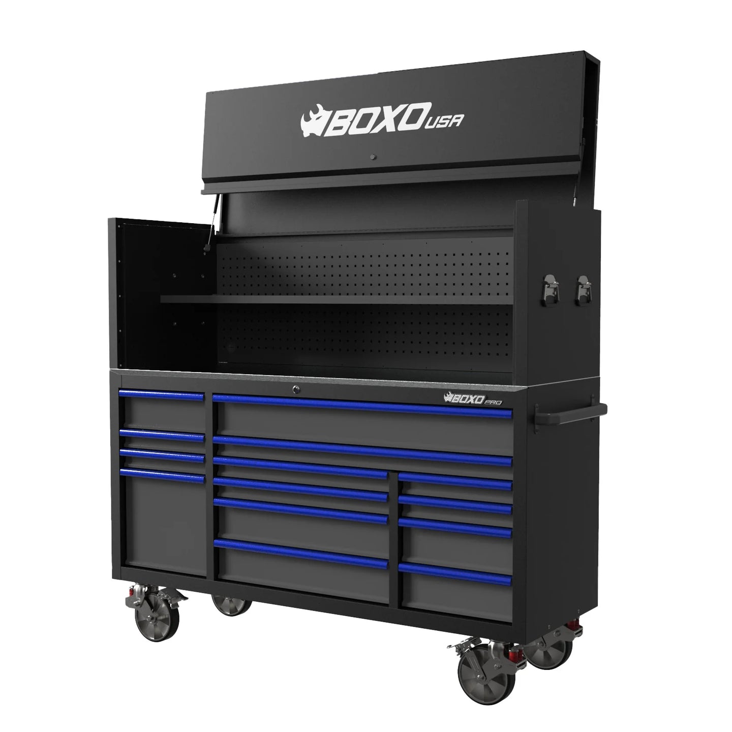 Black and blue toolbox with 'BOXO USA' branding on a white background
