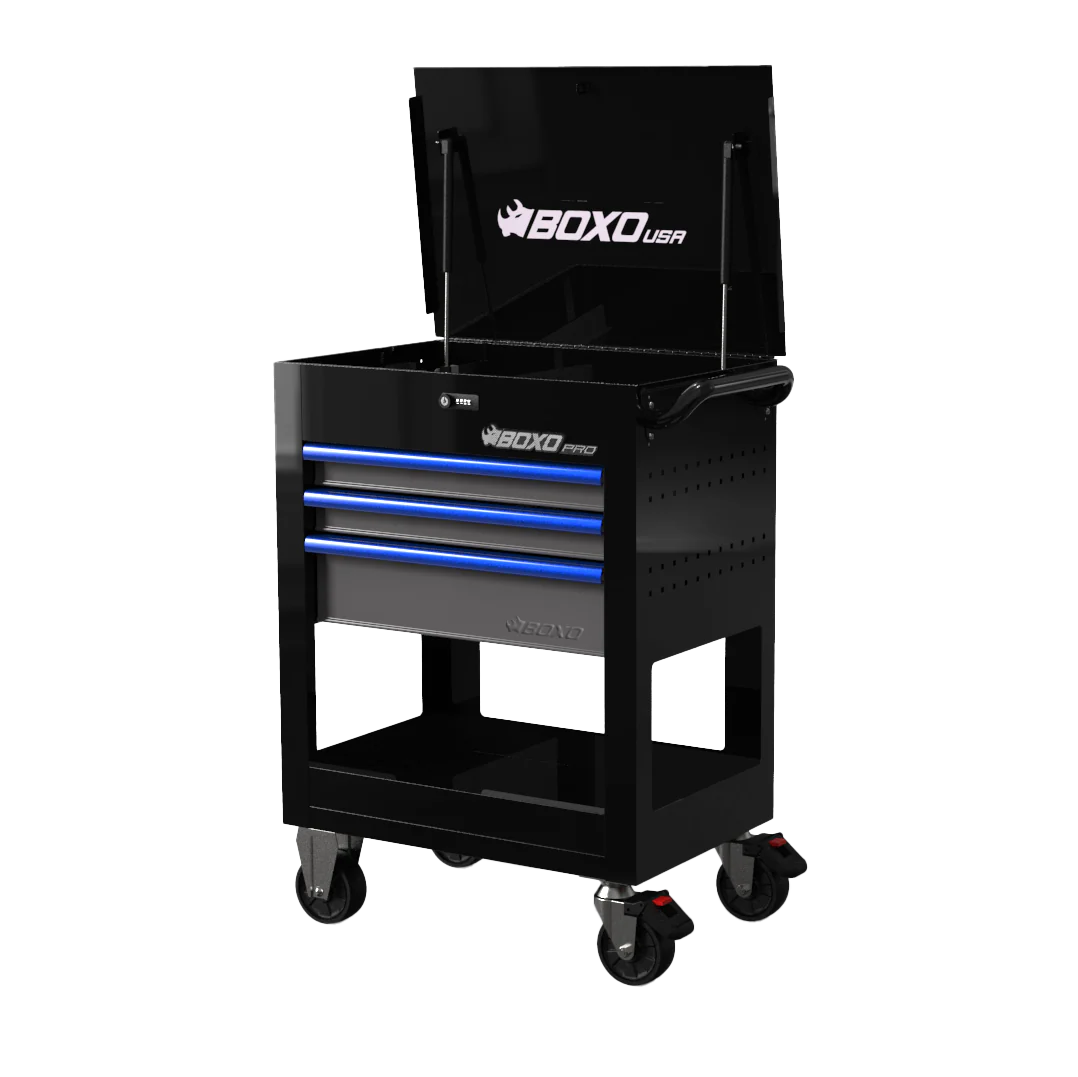 Black tool cart with open top drawer on a white background