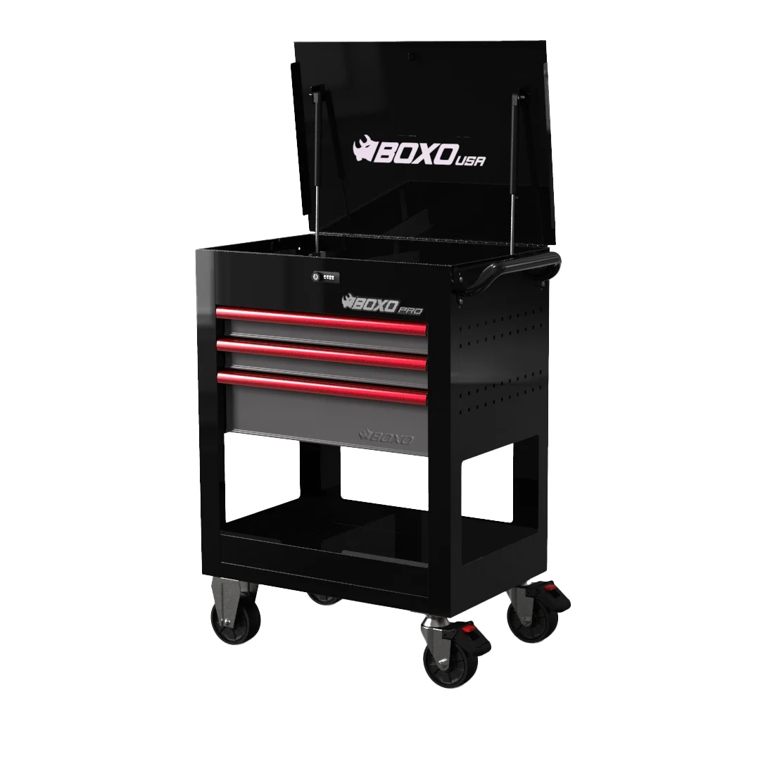 Black tool chest with red drawers on wheels, featuring the BOXO USA logo.