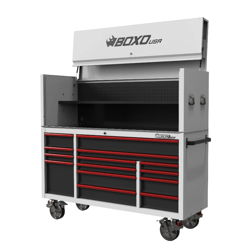 Tool chest with red drawers and 'BOXO USA' branding on a white background