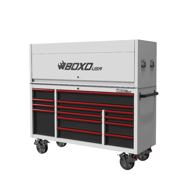 Tool chest with red drawers and 'BOXO USA' branding on a white background