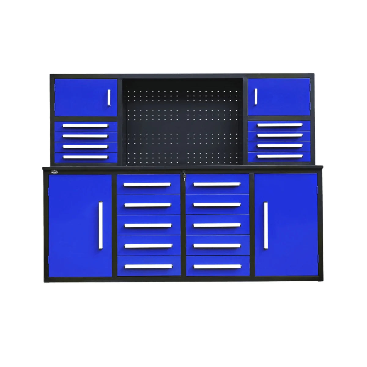 Blue tool cabinet with multiple drawers on a white background
