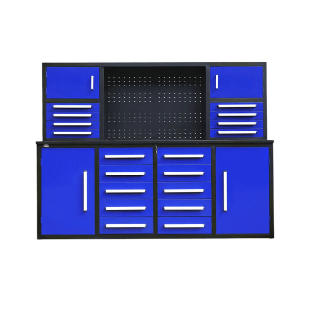 Blue tool cabinet with multiple drawers on a white background
