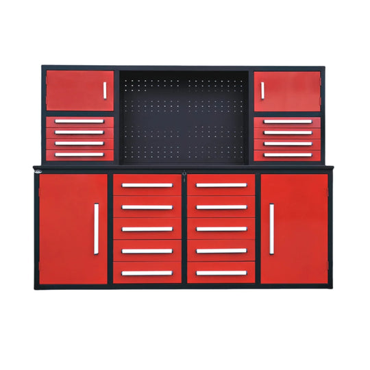 Red and black storage cabinet with multiple drawers and a pegboard on a white background