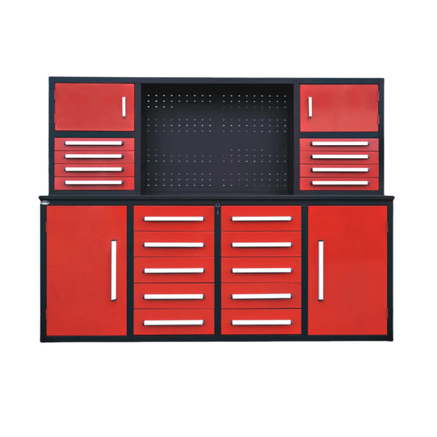 Red and black storage cabinet with multiple drawers and a pegboard on a white background