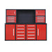 Red and black storage cabinet with multiple drawers and a pegboard on a white background