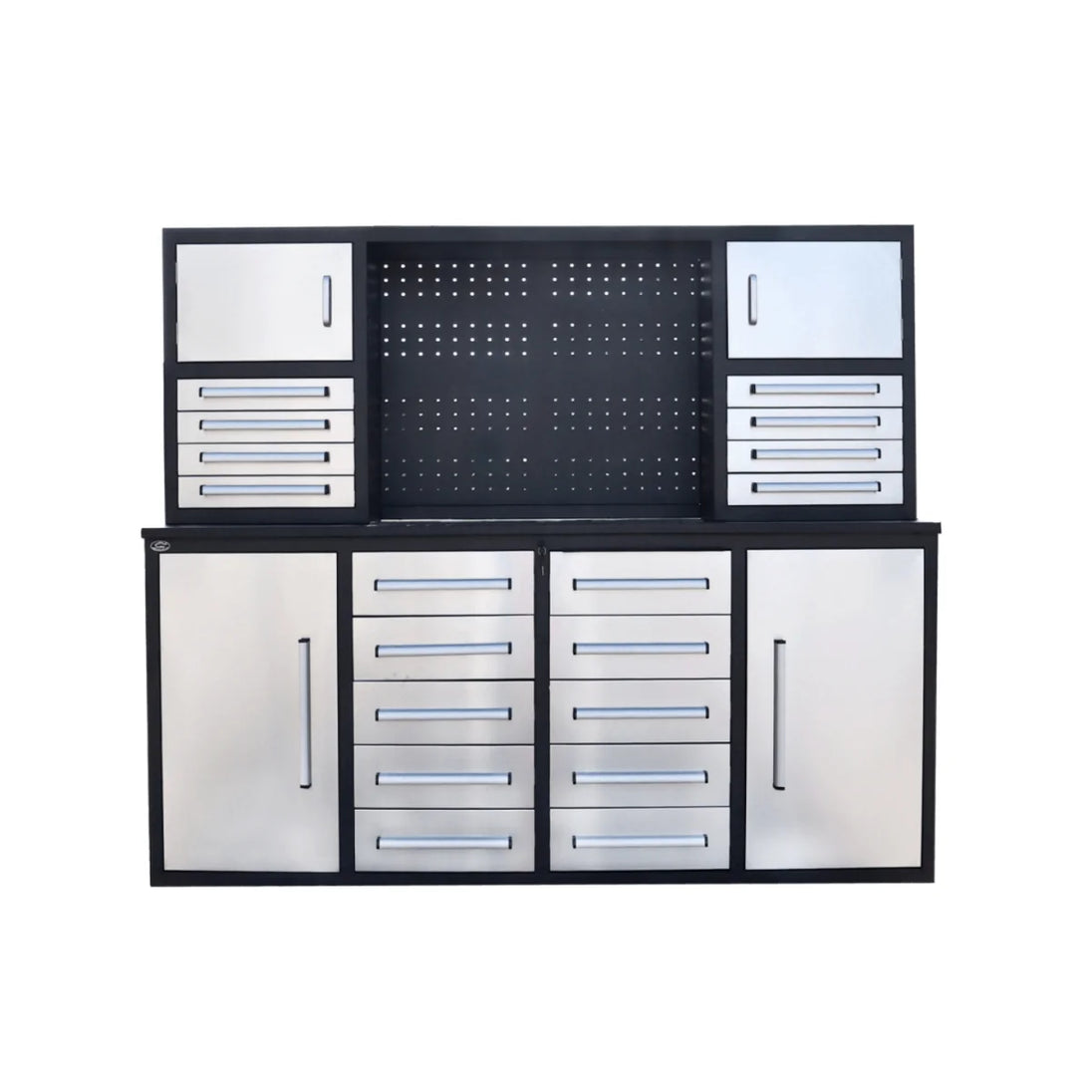 Metal storage cabinet with multiple drawers and a pegboard on a white background