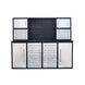 Metal storage cabinet with multiple drawers and a pegboard on a white background
