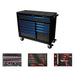 Black tool chest with blue drawers and tool sets on a white background