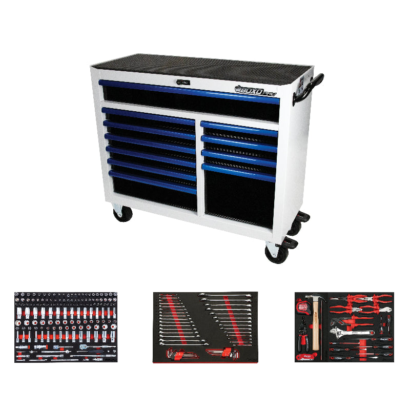 Tool chest with blue drawers and tool sets displayed below on a white background