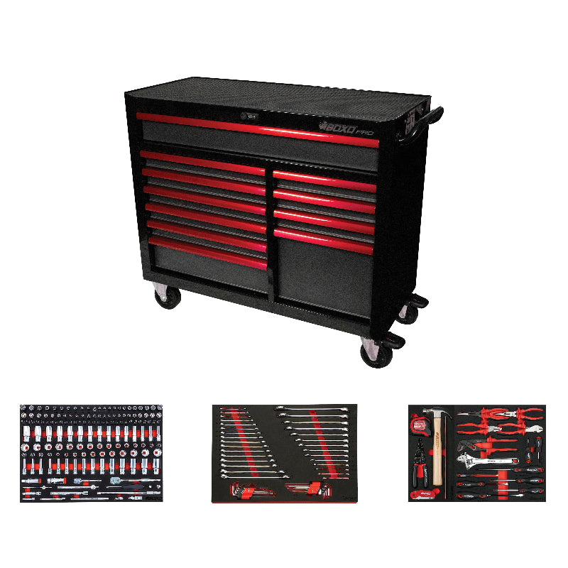 Black and red toolbox with tool sets displayed below on a white background
