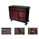 Black and red toolbox with tool sets displayed below on a white background