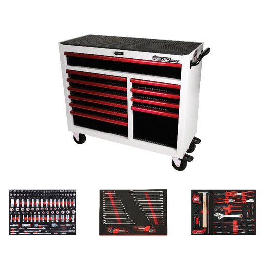 Tool chest with red drawers and tool sets on a white background