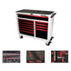 Tool chest with red drawers and tool sets on a white background