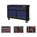 Black tool chest with blue drawers and tool sets on a white background