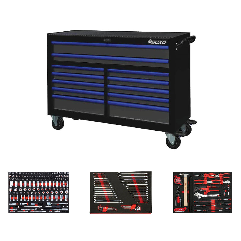 Black tool chest with blue drawers and tool sets on a white background