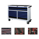 Tool chest with blue drawers and tool sets displayed below on a white background