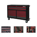 Black toolbox with red accents and tool sets displayed in a workshop setting