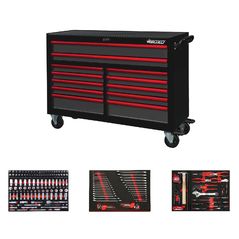 Black toolbox with red accents and tool sets displayed in a workshop setting