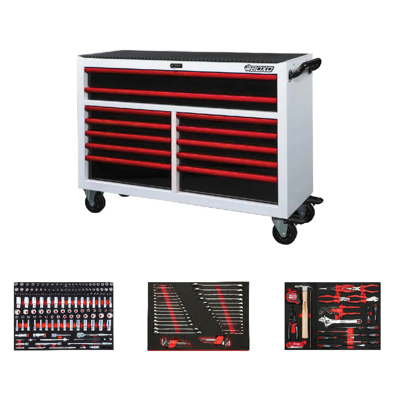 Tool chest with red and black drawers and tool sets displayed below on a white background