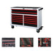 Tool chest with red and black drawers and tool sets displayed below on a white background