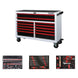 Tool chest with red and black drawers and tool sets displayed below on a white background